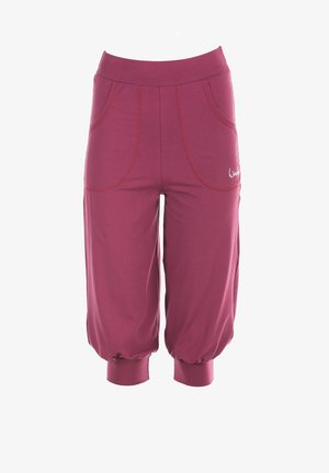 Burgundy cropped pants made of soft fabric, featuring elastic cuffs, two front pockets, and contrasting stitch detailing.