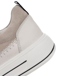 Close-up of beige and white sneaker heel with suede upper, leather panels, stitched details, and thick white sole with black trim line.