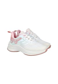 Par de zapatillas deportivas blancas con detalles en rosa y ligero acolchado, diseñadas para correr o para uso casual, mostradas sobre un fondo blanco.