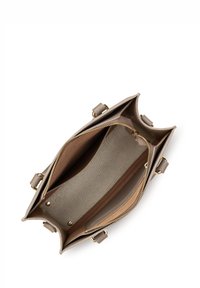 Sac à main en cuir taupe avec une fermeture éclair, deux compartiments, intérieur texturé et accents en métal doré.