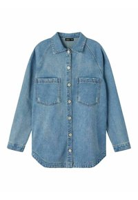 Lichtblauwe denimoverhemd met een kraag, knopen aan de voorkant en twee borstzakken, met een relaxte pasvorm en lange mouwen.