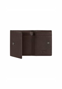Brązowy skórzany portfel o teksturowanym wykończeniu, z otwartym wnętrzem, wieloma kieszeniami na karty i zapięciem na zatrzask. Logo jest wytłoczone wewnątrz.