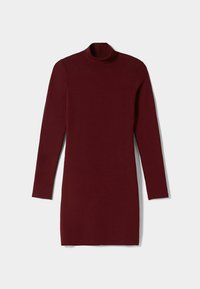 Vínové šaty s dlouhými rukávy a vysokým límcem, vyrobené z hladké, elastické látky. Jednoduchý design bez viditelných vzorů nebo ozdob.