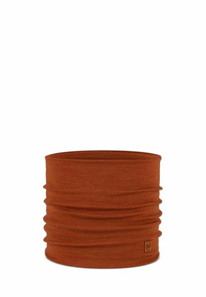 Multifunktionales Halswärmer aus rostfarbigem Stoff, mit glatter Textur und gerafftem Design. Enthält ein kleines Logotag.
