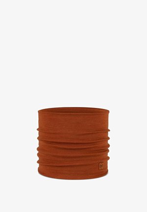 Multifunctional neck gaiter in rust-colored fabric, featuring a smooth texture and gathered design. Includes a small logo tag.