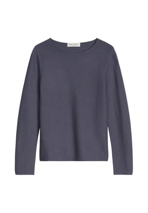 Long-sleeve, dark gray crew neck sweater with a straight hem, displayed flat without additional objects or background elements.
