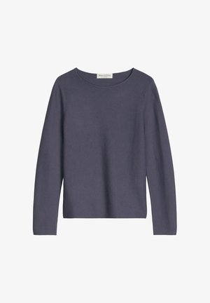 Donkergrijze trui met lange mouwen en een ronde hals, met een rechte zoom, plat gelegd zonder extra voorwerpen of achtergrond.