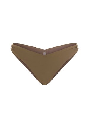 Brown bikini bottom with a v-shaped design. Made from smooth material, features gold-tone hardware accents on the side.