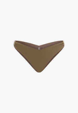 Brown bikini bottom with a v-shaped design. Made from smooth material, features gold-tone hardware accents on the side.