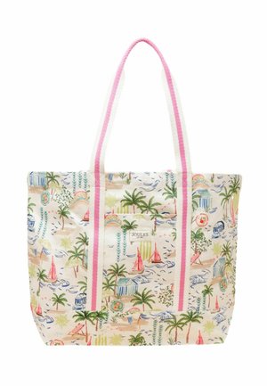 Veľká taška na rameno s ružovými rukoväťami, s farebnou potlačou plážovej scény s palmami, plachetnicami a chatkami, označená nápisom "Joules" na prednom vrecku.