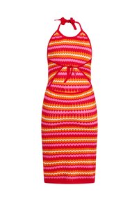 Abito in maglia con scollatura halter, caratterizzato da un motivo a zigzag in rosso, rosa, arancione e bianco. Lacci al collo e in vita per una regolazione personalizzabile.