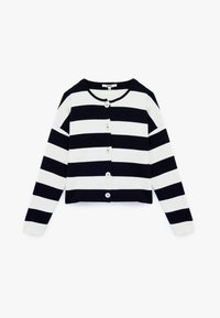 Cardigan a righe bianche e nere con maniche lunghe, scollo rotondo e chiusura frontale con bottoni. Tessuto liscio con un design aderente.