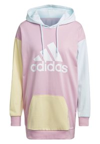 Felpa leggera con cappuccio in rosa pastello, lavanda e giallo. Caratterizzata da un grande logo bianco, una tasca anteriore e dettagli con cordini.