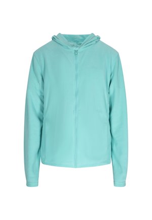 Lyseblå zip-up hoodie lavet af blødt fleece-materiale, med en hætte med snører og lange ærmer med en glat tekstur.