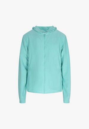 Hanorac cu fermoar de culoare albastru deschis, realizat din material fleece moale, având glugă cu șnur și mâneci lungi cu o textură netedă.