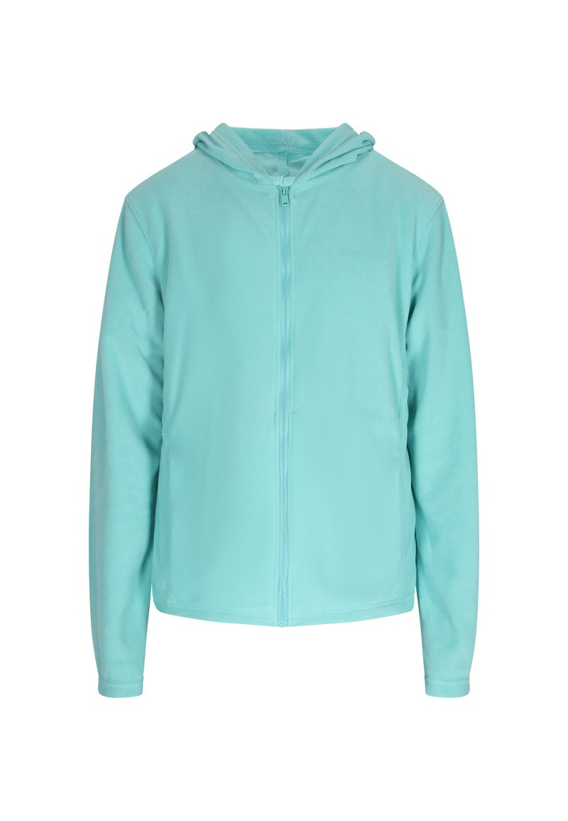 Felpa zip con cappuccio di colore azzurro chiaro, realizzata in morbido materiale in pile, dotata di cappuccio regolabile e maniche lunghe con una texture liscia.