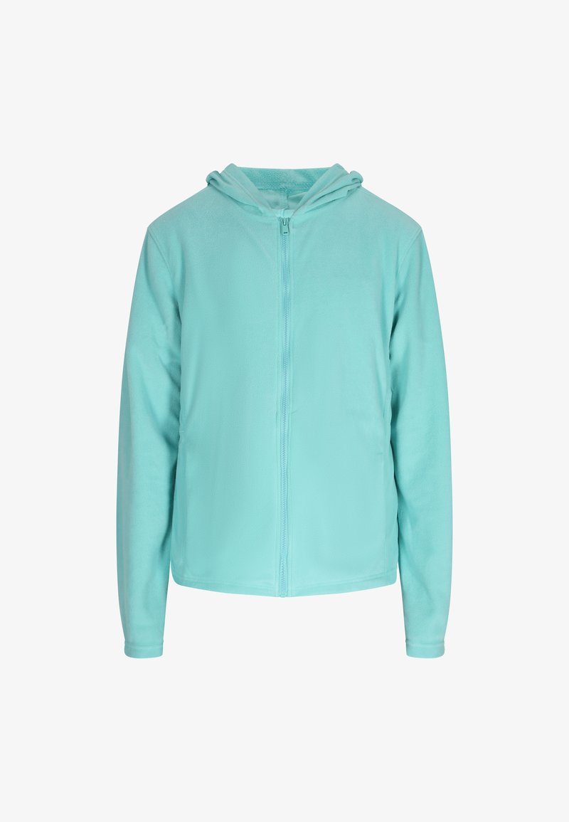 Felpa zip con cappuccio di colore azzurro chiaro, realizzata in morbido materiale in pile, dotata di cappuccio regolabile e maniche lunghe con una texture liscia.
