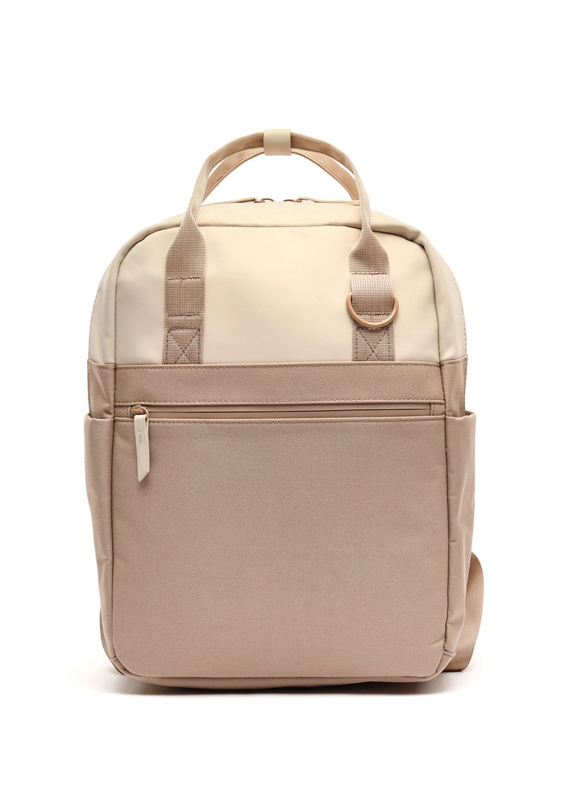 Beige nylon backpack with dual top handles, a front zip pocket, and a smooth finish. It features a simple, rectangular design and sturdy accents.