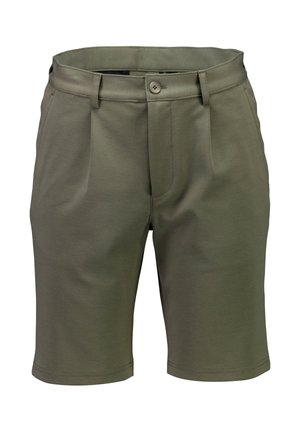 Olijfgroene korte broek voor heren tot op de knieën met knoop- en ritssluiting, lussen voor een riem en steekzakken aan de zijkant.