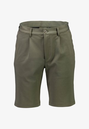 Olijfgroene korte broek voor heren tot op de knieën met knoop- en ritssluiting, lussen voor een riem en steekzakken aan de zijkant.