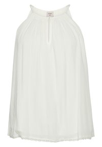 Blusa blanca sin mangas con tejido texturizado, corte ligeramente holgado, detalle de escote con abertura y delicado encaje en el dobladillo.