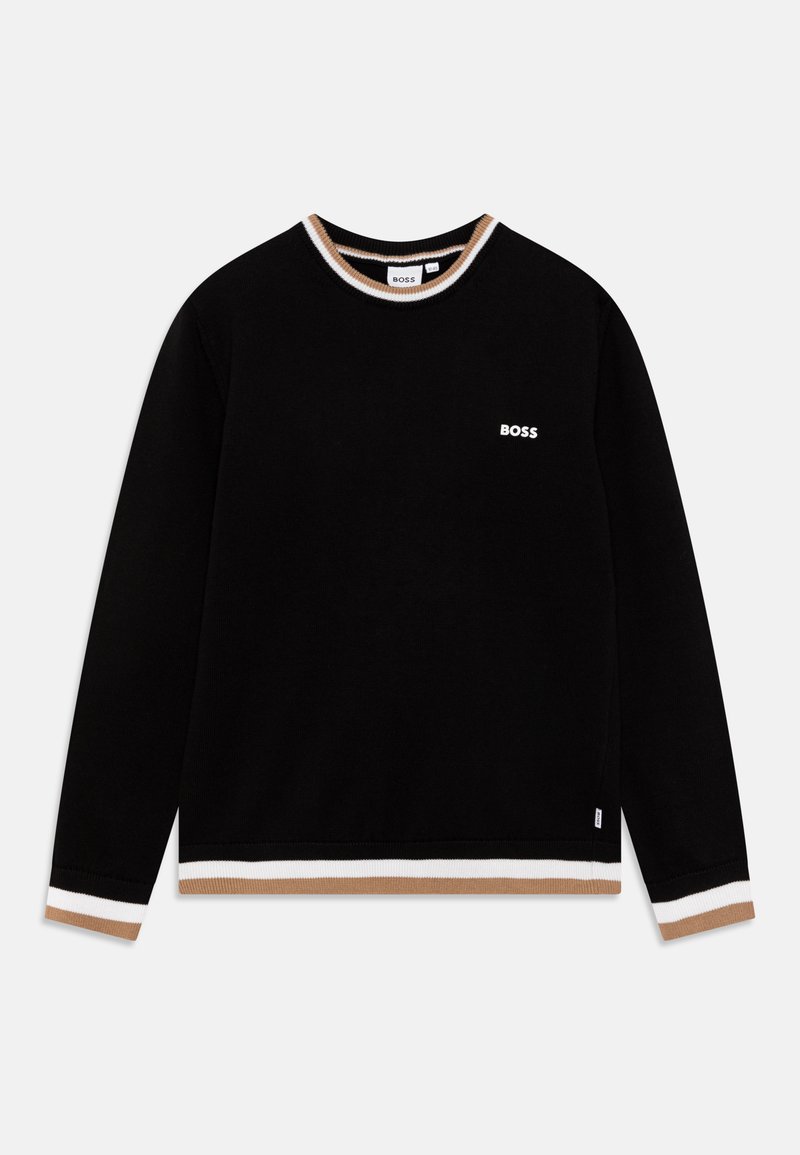 Czarny sweatshirt z białymi i brązowymi paskami na ściągaczach i dekolcie. Posiada małe białe logo "BOSS" z przodu. Lekki materiał.