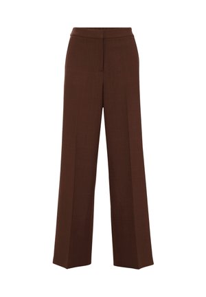 Pantaloni a gamba larga marroni con una texture liscia, caratterizzati da una vita strutturata e delicati dettagli di pieghe che scendono lungo la parte anteriore.