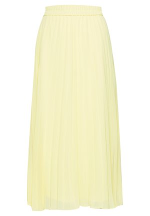 Plisseret midinederdel i blødt gult stof med elastisk taljebånd og et flydende design, der fremhæver bevægelse.