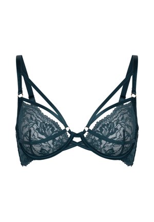 Reggiseno con ferretto in pizzo verde petrolio scuro con doppi spallacci e ritagli geometrici decorativi sulle coppe e sulle bande di collegamento.