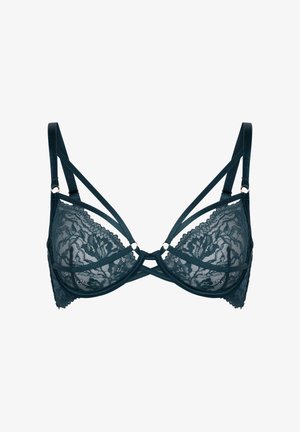 Soutien-gorge à armatures en dentelle vert sarcelle foncé avec doubles bretelles et découpes géométriques décoratives sur les bonnets et les bandes de connexion.