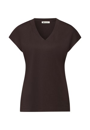 Ciemnobrązowa bluzka z krótkim rękawem, dekoltem w serek, prostym fasonem i prostym dołem, oznaczona jako "Street One" wewnątrz kołnierza.