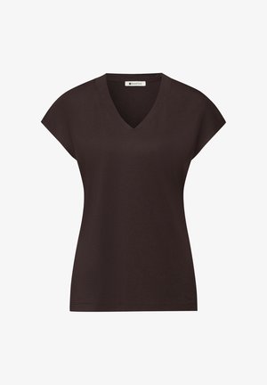 Ciemnobrązowa bluzka z krótkim rękawem, dekoltem w serek, prostym fasonem i prostym dołem, oznaczona jako "Street One" wewnątrz kołnierza.