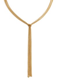 Collar de capas dorado con múltiples cadenas, anudado en la parte superior y con un largo fleco de eslabones colgando hacia abajo.