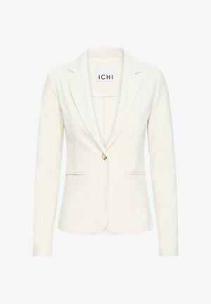 Weißes, maßgeschneidertes Damenblazer mit Ein-Knopf-Verschluss, Notch-Revers und zwei vorderen Einschubtaschen, mit "ICHI"-Etikett im Kragen.