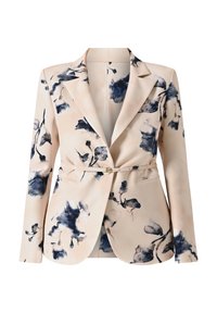 Blazer van soepel stof in beige met blauwe bloemenpatronen, met een geknipt revers, enkele knoopsluiting en tailleband.