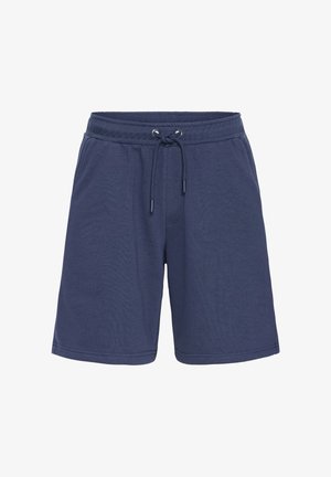 Navy blue cotton shorts with an elastic waistband, drawstring closure, and side pockets; smooth texture and stitched hems.