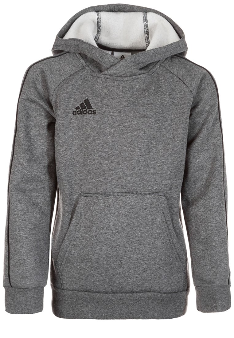 Felpa grigia realizzata in tessuto morbido, con tasca frontale, cappuccio con cordino e logo Adidas nero sul lato sinistro del petto.