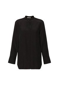 Camisetta nera a maniche lunghe con colletto alla coreana, struttura liscia, chiusura con bottoni frontale e orlo dritto. Presenta maniche con polsini.