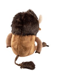 Plush toy resembling a bison, featuring a brown body with a textured tan fabric, dark fur on the head, and a tufted tail.