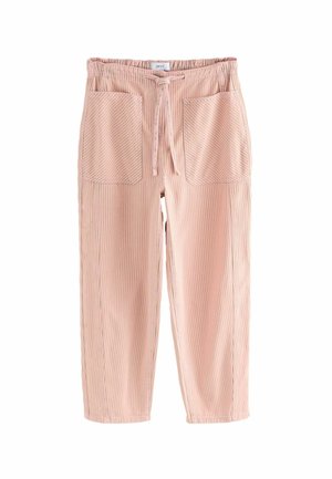 Lichtroze ribfluwelen broek met een elastische tailleband, strik vooraan en twee grote opgestikte voorzakken.