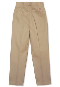 Béžové pracovní kalhoty Dickies s rovnými nohavicemi, dvěma zadními kapsami - jedna na knoflík - a malou nášivkou loga na pravé kapse.