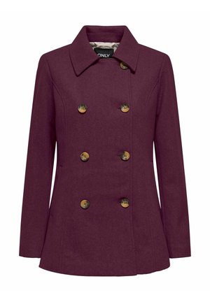 Podwójnie zapięty płaszcz w ciemnej burgundowej wełnie z kołnierzem, sześcioma złotymi guzikami i bocznymi kieszeniami. Gładka tekstura, dopasowany krój.