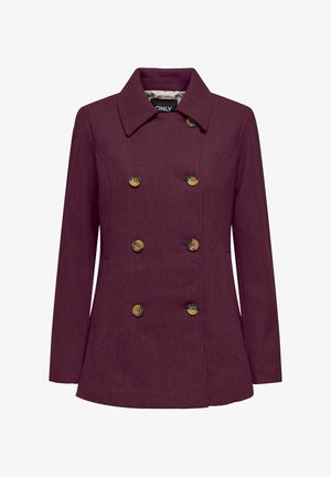 Doppelt angezogener Mantel aus dunklem burgunderfarbenem Wollgemisch mit einem Kragen, sechs goldfarbenen Knöpfen und Seitentaschen. Glatte Textur, taillierte Passform.