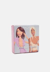 Boîte rose et grise avec des illustrations de dessin animé de deux femmes affichant des pasties. Le texte indique "Montrez vos tétons." Design simple et coloré.