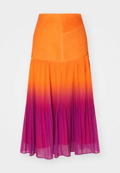 Pleated maxi skirt featuring a vibrant gradient from orange to purple. Made from lightweight fabric with a fitted waist and flowing design.