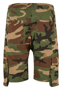 Kamuflage cargo shorts i grøn, brun og beige stof, med to sidelommer og et elastisk bælte for en sikker pasform.
