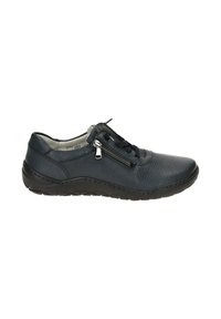 Black leather sneaker with a textured finish, featuring a side zipper, lacing, and a flexible rubber sole for comfort.