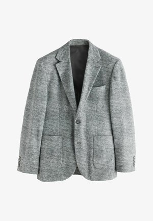 Grijze blazer van gestructureerde stof, met een notch lapel, twee voorzakken, een borstzak en een knoopsluiting met twee knopen.