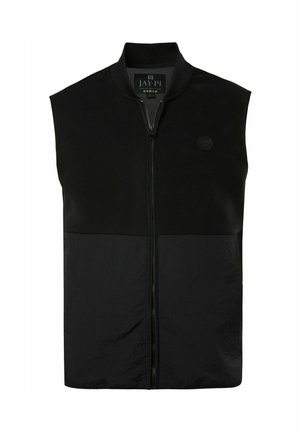 Schwarzes ärmelloses Oberteil mit hohem Kragen, ausgestattet mit einem Reißverschluss und einem strukturierten Kontrastpanel am unteren Teil; weicher Stoff mit Emblem.