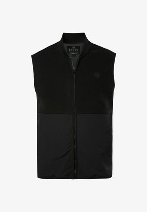 Schwarzes ärmelloses Oberteil mit hohem Kragen, ausgestattet mit einem Reißverschluss und einem strukturierten Kontrastpanel am unteren Teil; weicher Stoff mit Emblem.